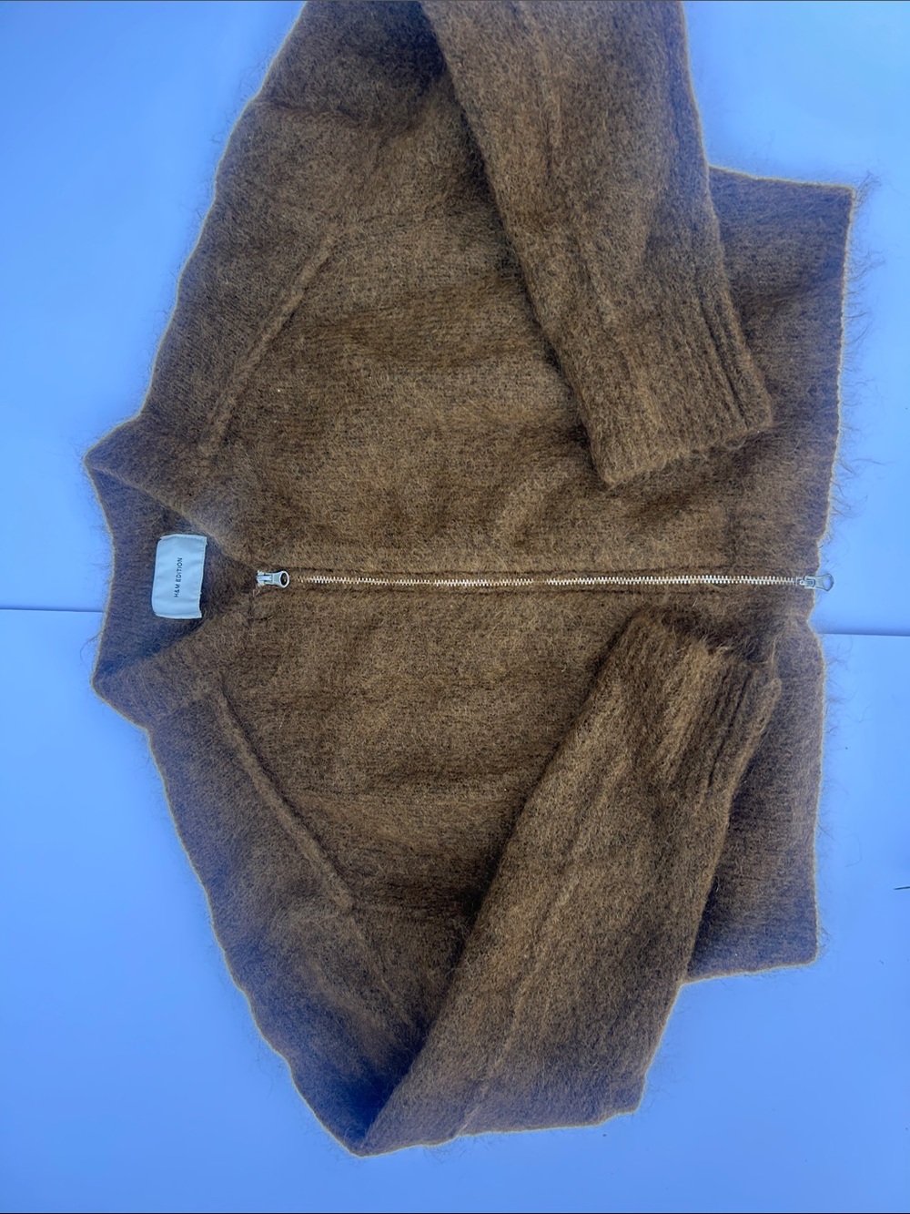 H&M Editions Mohair Wool Blend Crop Brown Fuzzy Zip Cardigan